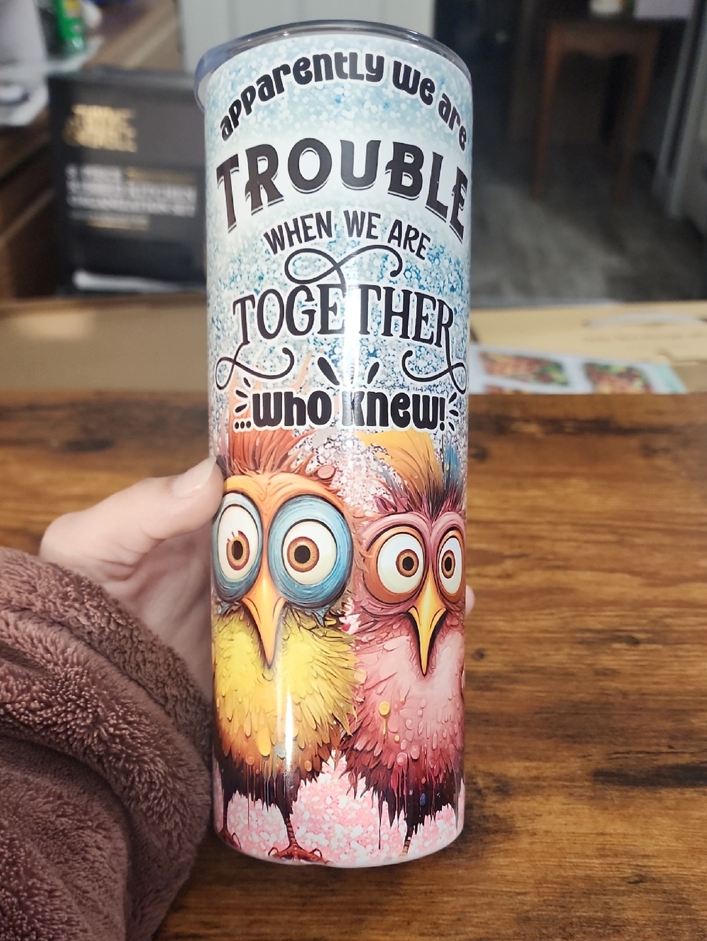 Trouble Together Owl Stainless Travel Tumbler - Blue, Yellow, Pink 20oz